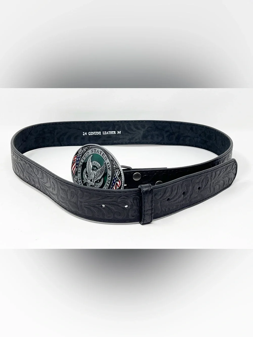 American Eagle Design Men’s Genuine Leather M Black Belt with USA Buckle
